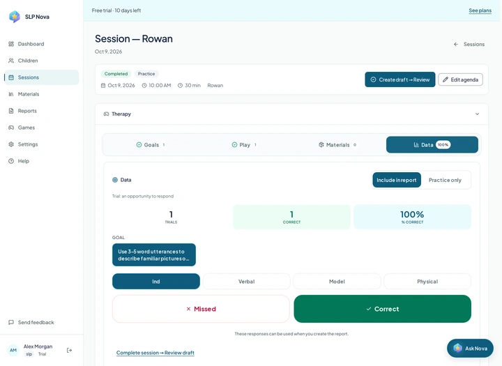 SLP Nova session workspace showing a child's goal, activities and recorded trials.
