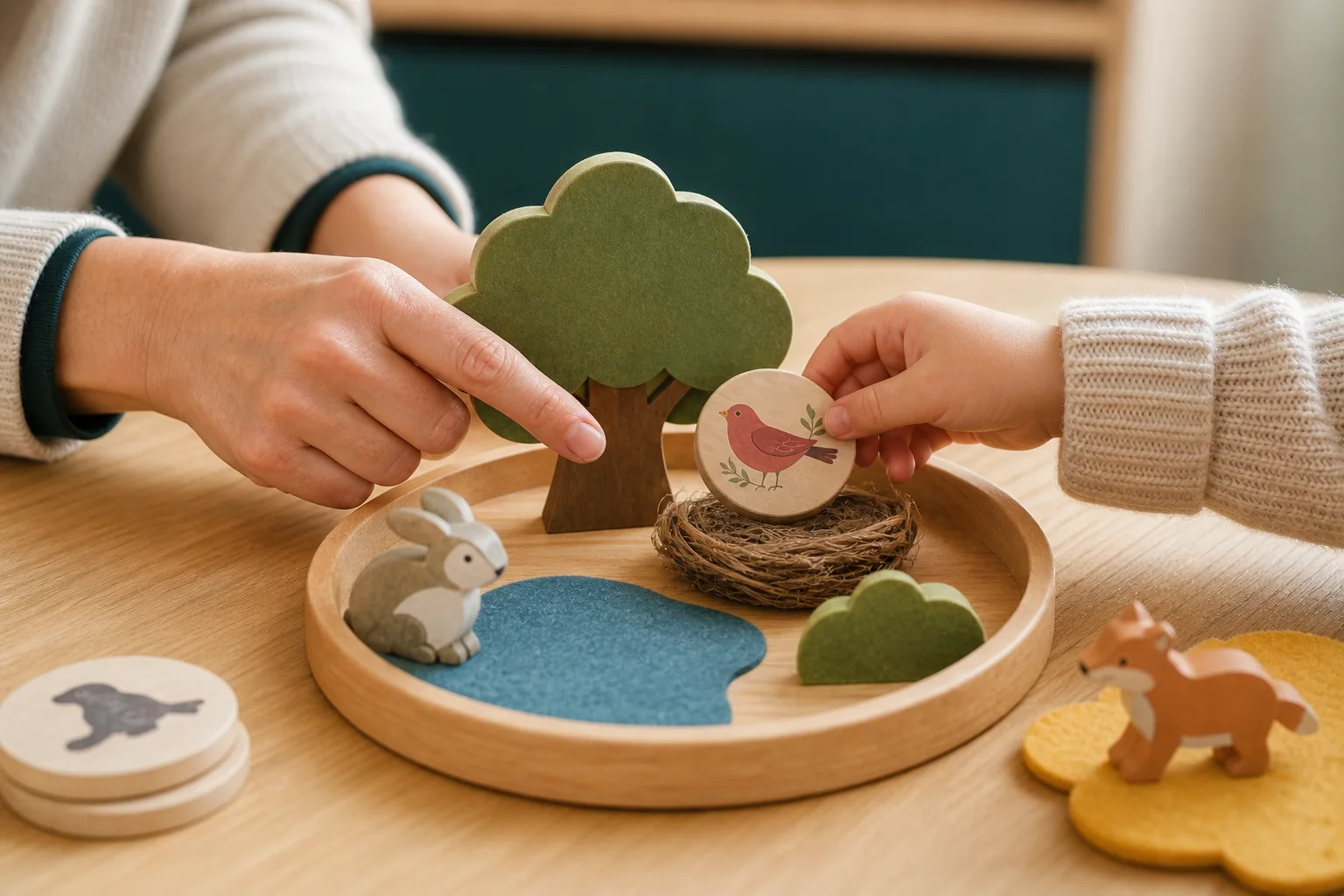 A child places the same round bird cue into a wooden nest scene while a clinician points to its location