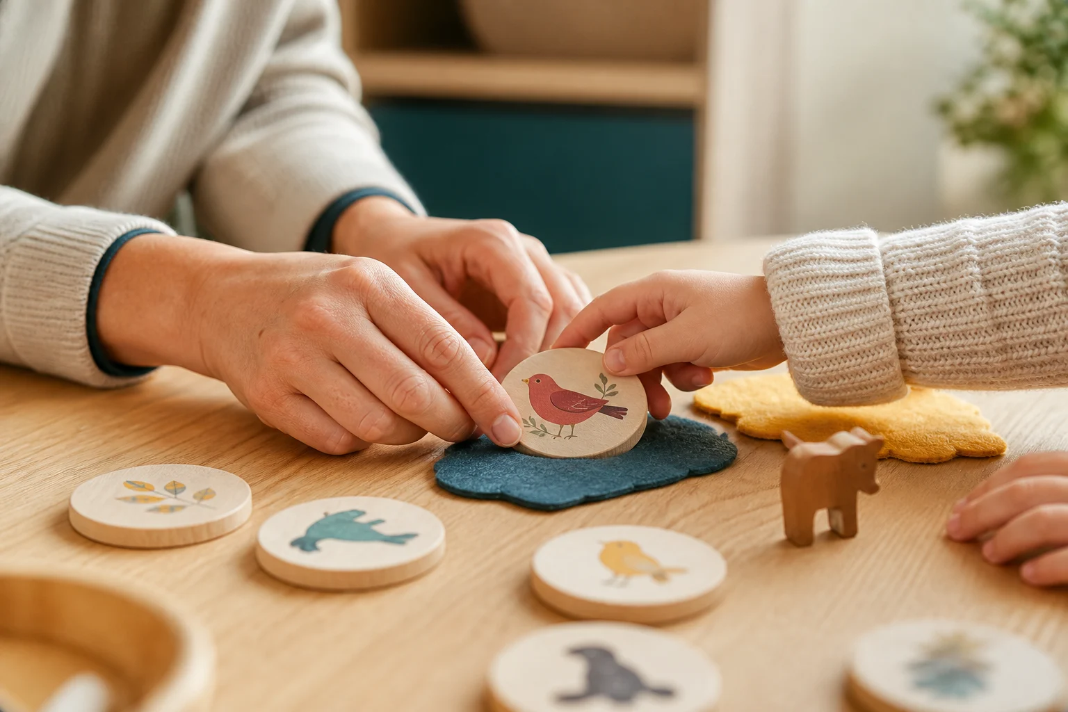 A clinician and child using a wooden bird picture token together with felt shapes and small play figures