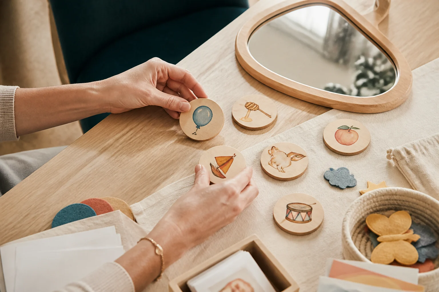 A clinician’s hands arranging rounded wooden picture tokens, soft felt cues, and a curved mirror on a warm oak table