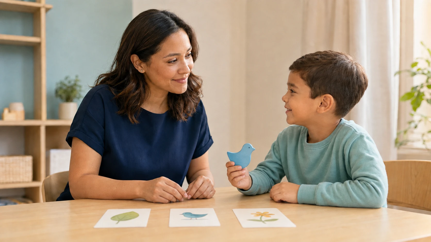 Illustrative scene of a speech-language pathologist and a child using picture cards, a mirror, and tactile tokens together